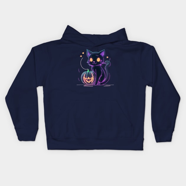 neon cat pumpkin Kids Hoodie by AOAOCreation